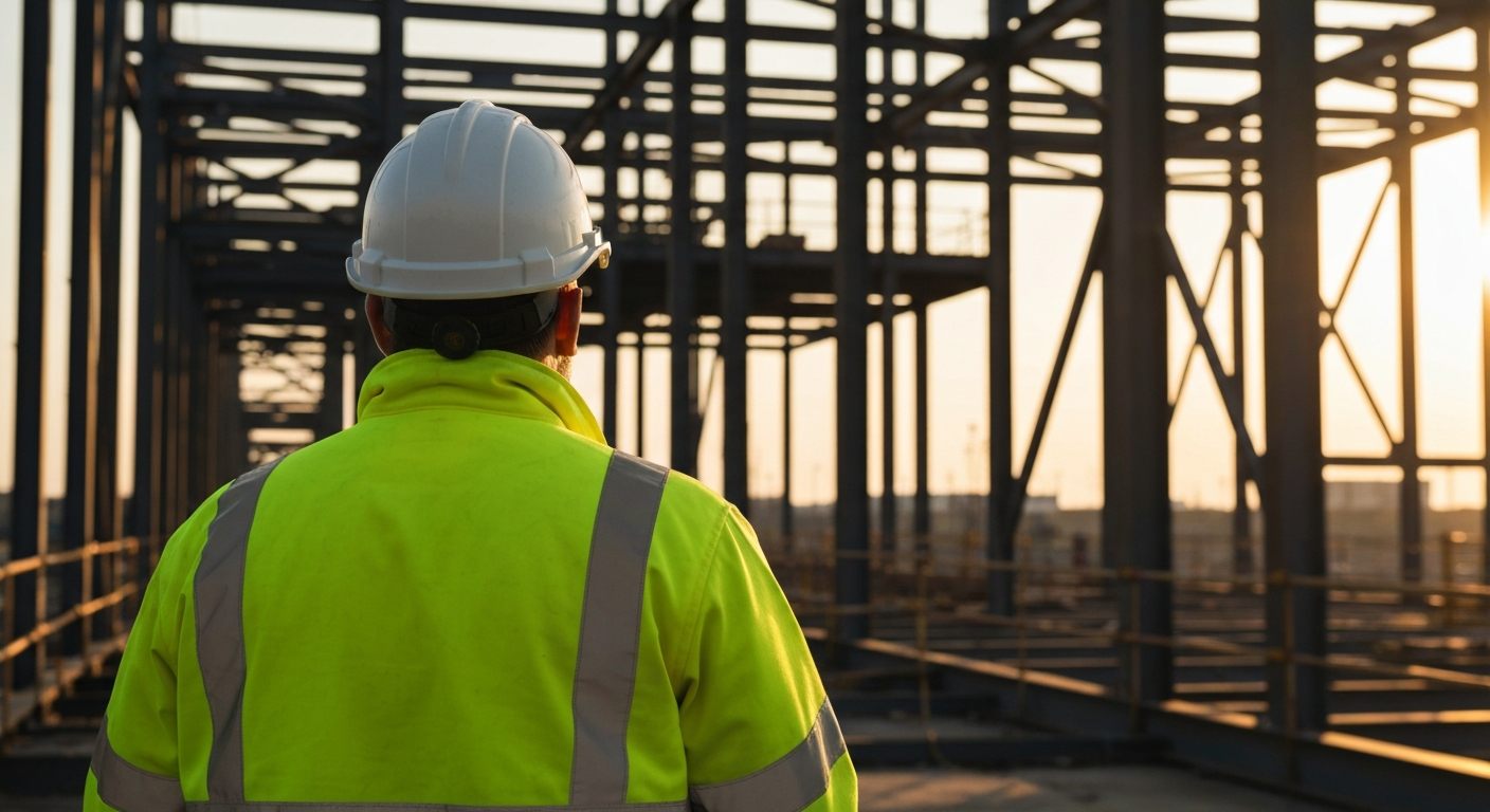 Worker in hi-vis and helmet overlooking a construction site at golden hour
